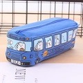 Blue canvas school bus pencil case with cartoon cat illustration and large capacity - School Bus / Blue