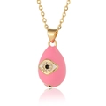 Detail of gold evil eye pendant with pink enamel and sparkling white zircon stones - Pink