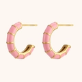 Pink enamel C-shaped wheel earrings in 18K gold plated stainless steel on white base - Enamel Wheel C-Shaped Studs - Pink
