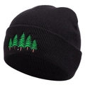 Black knit beanie with green pine tree embroidery for winter, warm casual hip-hop style - M (56-58cm) / Black