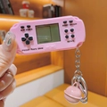 Pink mini retro handheld game console keychain with bell and silver metal chain - Long Handle Pink Mini Game Console