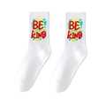 White cotton athletic crew socks featuring red Be Kind text and yellow cloud graphics - One Size (Plus Size) / BE KIND Slogan / White No.03