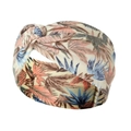 Detailed view of the soft cotton yoga headband featuring a leaf print and top knot detail - Beige Pink Blue Plant Leaves (12)