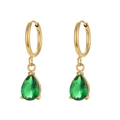 18K gold plated stainless steel hoop earrings featuring drop-cut green zircon stones - Green