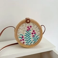 Handcrafted round rattan bag with floral shell inlay and brown leather strap - Orchid