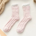 Warm coral fleece crew socks in pink and white color block design for winter comfort - Pink