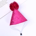 Sparkly magenta pet birthday party hat with sequins and adjustable chin strap - Encrypted Glitter Pom Pom Hat / Rose Red