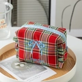 Sweet plaid makeup bag with blue bow embroidery and ruffle details in vibrant checks - Red Plaid with Bow