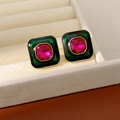 Detail of vintage square earrings with pink gemstone and green enamel in golden setting - Earrings (Silver Pin-Gold-Green-Pink)