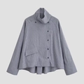 Women's blue plaid button-down shirt with high collar and side pocket design - XS / Silver Gray