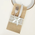 Rustic burlap cutlery holder with white lace and silk bow for wedding tableware - White Bow With 3 Flowers