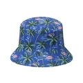 Dark blue bucket hat with tropical palm tree and pink flamingo prints for summer beach wear - M (56-58cm) / Blue