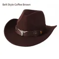 Detail of coffee brown wool felt cowboy hat with leather band and silver bull head icon - Strap Style / Coffee