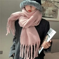 Soft pink knit mohair scarf with thick texture and long tassels for a warm winter look - Light Pink