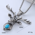 Stainless steel stag head pendant necklace with a blue gemstone inlay and antique silver finish - Deer Head Blue Gemstone Style (Style 5)