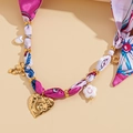Pink silk fabric scarf necklace with gold bead chain and various vintage charms - 10# Necklace-Pink