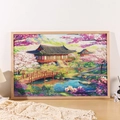 Solid wood puzzle frame in natural finish featuring traditional Chinese garden landscape art - 70.5x100.5cm Wall Mount / Natural Wood Color