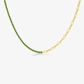 Asymmetric gold paperclip necklace with half emerald green tennis chain links - 18K Gold (Green Zirconia)