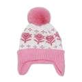 Detail der rosa-weißen Strickmütze für Mädchen mit Kunstfellbommel und Herzmuster-Design - M (52-54cm) / Weiß mit rosa Herz (A)