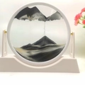 Round sand art decor with white frame and black, white, gold flowing sand landscape - 12 Inch White Frame Stand Black