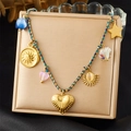 Blue braided rope chain necklace with multiple colorful gold charms on jewelry box - Blue Gold Rope Sun Star Heart Necklace (N3610)