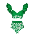 Conjunto de bikini verde con volantes y estampado floral con braga de talle alto - S / Conjunto de 2 Piezas (Top + Braga)
