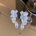 Close-up of elegant pearl flower earrings with blue crystal and teardrop pendant - 10# 925 Sterling Silver Earring Post - White/Blue Gem Vintage Layered Style
