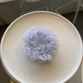 Elegant white tulle scrunchie with pleated volume on a minimalist circular display base - Mesh Scrunchie / Haze Purple