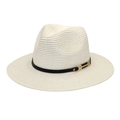 Detail of white Panama straw hat with black leather band and gold H-buckle hardware - M (56-58cm) / Pure White