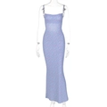 Close-up of blue floral print summer maxi dress featuring a slim fit mermaid hemline - S / Blue