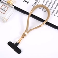 Adjustable khaki nylon phone lanyard with gold metal clips and black connector pad - Khaki