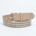 Beige studded leather belt with three rows of silver pyramid rivets and metal buckle - Khaki / Length 105cm Width 3.3cm