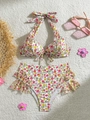Bikini taille haute à imprimé fleuri avec bords volantés et haut dos nu lacé - Blanc