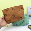 Corduroy cosmetic bag set in brown and mint green with minimalist smiley face prints - Khaki Smiley Face