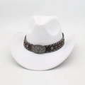 White felt western cowboy hat featuring brown leather band with ox head metal buckle - One Size (57cm) / White