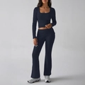 Ensemble tricoté deux pièces bleu foncé pour femme avec haut à col carré et pantalon - S / Bleu Marine