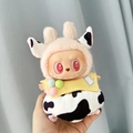 Pink bunny hat and cow pattern outfit for Labubu plush doll pendant toy - Cow-themed Three-piece Set / First And Second Generation Keychains Are Compatible With La Cloth Dolls. Dolls Not Included.