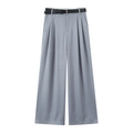 Pantalon gris femme à taille haute, jambe large, doubles plis et ceinture noire - XS / Gris