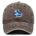 Close-up of vintage dark brown washed cotton baseball cap with wave embroidery - Coffee