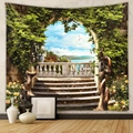 Garden arch landscape wall tapestry with ivy and sea view for room decoration - European Garden & Archway (GT109956)