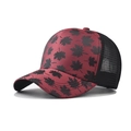 Red plaid baseball cap with black maple leaf pattern and breathable mesh back - Red