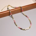 Delicate 2mm natural tourmaline beaded necklace with pearls and gold accents - XL0086 Multi Color Stone with Pearl