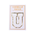Detail of chenille letter U patch with gold glitter edge and peel and stick adhesive backing - Letter U / White