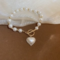 French vintage pearl bracelet with golden OT buckle and crystal heart charm - 78# Bracelet-White Pearl-Gold OT Buckle-Heart Pendant