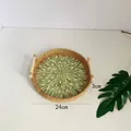 24cm hand-woven rattan tray with green shell inlay design and white wooden handles - Full Leaves / Medium 24x3cm