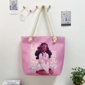 Pink canvas tote bag featuring cute anime girl illustration and thick rope handles - Anime Girl Strawberry Milk Illustration