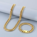 Polished gold-tone titanium steel Cuban link chain necklace and bracelet jewelry set - 11mm Style A (KB184290-Z) / Bracelet (21cm) / Gold