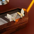 Vintage butterfly stud earrings with gold plating, white shell and sparkling zircons - White Enamel Zircon Butterfly (2# 925 Sterling Silver Earring Post Gold Plated)