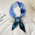 Oil painting style teal floral silk scarf tied elegantly on a white shirt collar - 6x105cm / Blue Star Flower
