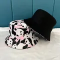 Detail of reversible bucket hats in black and cute panda print on soft fabric - M / Pink